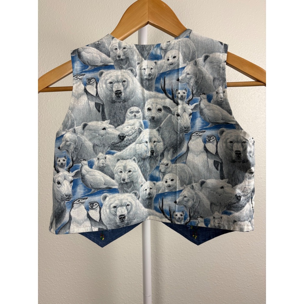 Kids Blue Reversible Vest Floral Embroidery Arctic Animal Polar Bear Print - Picture 6 of 7